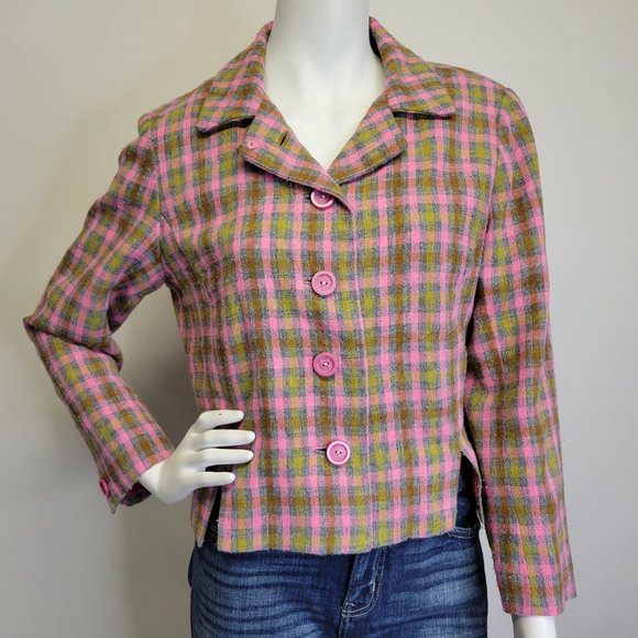Vtg 60s Handmade Mad Men Pink Plaid Wool Blend Cropped Blazer Jacket Womens M - Picture 3 of 14